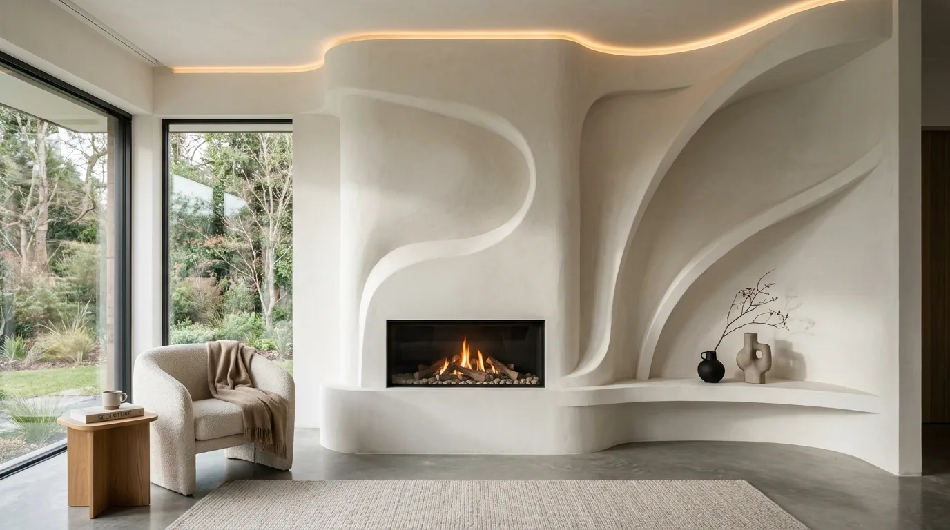 Use stone or concrete details for subtle contrast inspiration for a plaster fireplace feature wall.